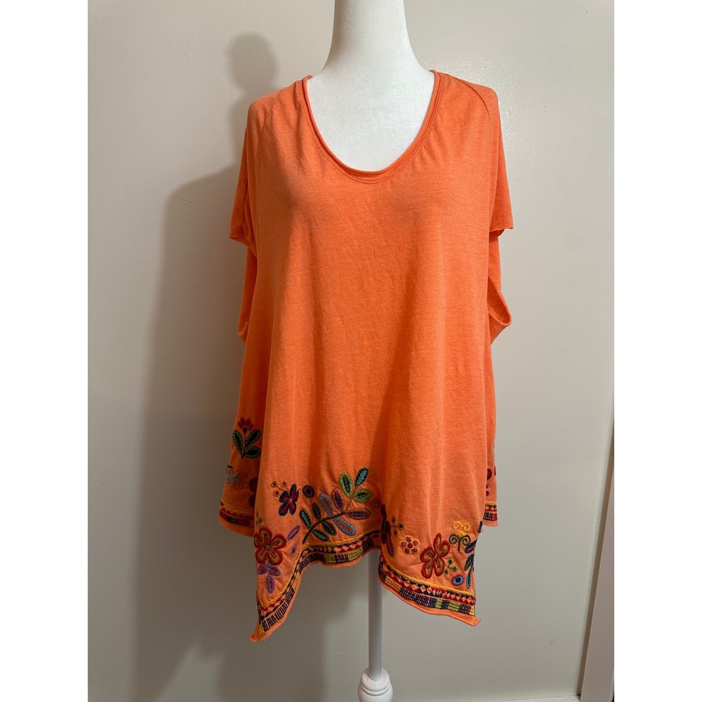 Johnny Was Los AngelesPhoebe Orange Embroidered Floral Handkerchief Hem Top